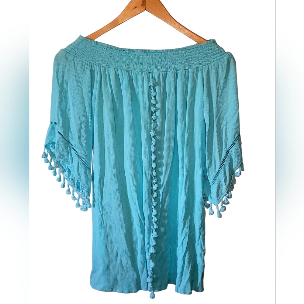 American Rag Cie Elastic Neckline Tunic Top Small Lined Pom Poms Fringe Blue Fun